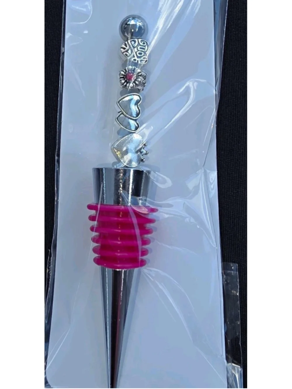 Handcrafted Silver Tone Heart Bottle Stopper w/ Pink Rubber Cork Plug, Reusable